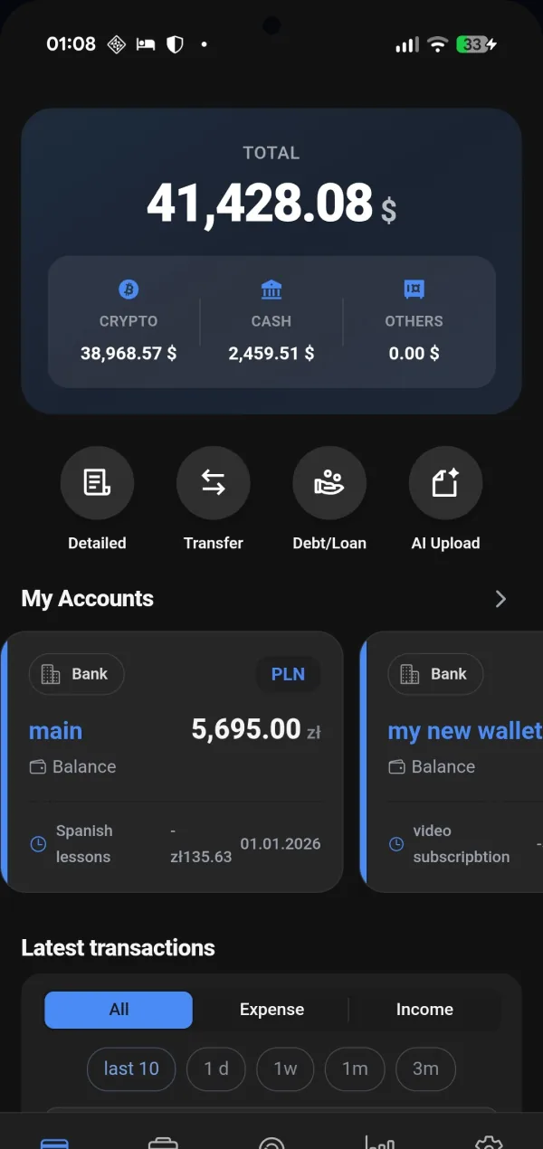 Ŭallet dashboard showing total balance and accounts